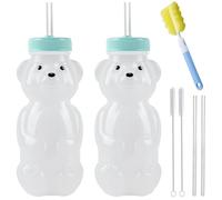 Honey Bear Straw Cups, Juice Bear Bottle Drinking Cup Long Straws with 4 Flexible Straws & Cleaning Tools, 8-Ounce Therapy Sippy Bottles for Speech and Feeding Training, Food-Grade & BPA Free 2 Pack