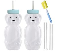 Honey Bear Straw Cups with 4 Flexible Straws & Cleaning Tools(2 Straw Brushes &1 Bottle Brush), 8-Ounce Therapy Sippy Bottles for Speech and Feeding Training, Leak-Proof & Food-Grade & BPA Free 2 Pack