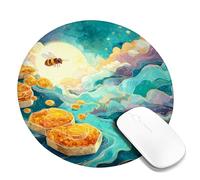 Honey Bee and Hexagon Honeycomb Mouse Pad, Bright Blue Dreamy Design Stitched Edge Mousepad, Rubber Non-Slip Washable Gaming Mouse Pad for Home and Office Computer, Laptop Round 8x8 Inch
