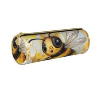 Honey Bee Art Printed Leather Pencil Case Round Pen Pencil Pouch Office Large Pencil Bag Stationery Box for Men Women Teens Students