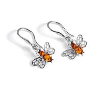 Honey Bee Bumblebee Drop Earrings in 925 Silver and Baltic Cognac Amber with Gift Box