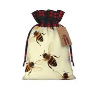 Honey Bee Christmas Drawstring Linen Gift Bag Paired With Scottish Plaid Fabric, With A Delicate And Simple Texture
