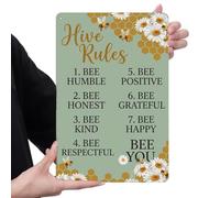 Honey Bee Decor Tin Sign, Bee Happy Hive Rules Metal Wall Art, Vintage Bumble Bee Kitchen Decor for Outdoor Garden Home