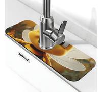 Honey bee Faucet Mat for Kitchen Sink, Super Absorben Faucet Pad Splash Catcher, Diatomite Fast Drying Stone Faucet Handle Drip Catcher Tray Mat for Bathroom Sink Drying Pad 15" x 5.5"