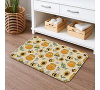 Honey Bee Floral Quick Dry Bath Mat, Vintage Yellow Bees Flowers Absorbent Non Slip Shower Mat, Spring Decorative Flannel Washable Bath Rugs for Bathroom Toilet Restroom 20x32 Inch