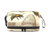 Honey Bee Hive Honeycomb Bread Double Layer Cosmetic Bag for Women and Girls, Travel Toiletry Bag Makeup Handy Pouch Organiser Bag with Brush Compartment