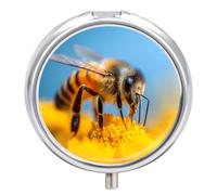 Honey Bee on Flower Small Pill Organizer with 3 Compartments Travel Medicine Case Portable Round Vitamin Storage Box