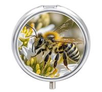 Honey Bee Pill Box,3 Compartments Round Small Pills Case Moisture-Proof Portable Pill Container for Travel Vitamins Fish Oil Supplements