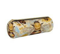 Honey Bee Printed Leather Pencil Case Round Pen Pencil Pouch Office Large Pencil Bag Stationery Box for Men Women Teens Students