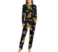 Honey Bee Queen Golden Wings Insect Women's Pajamas Set Long Sleeve Lounge Sets Soft Sleepwear with Pockets 2XL