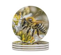 Honey Bee Round Ceramic Stone Coaster Absorbent Drink Coaster with Cork Base Heat-Resistant Beverage Cup Mats for Hot Cold Drinks Bar Home Office Table Decor 4PCS