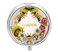 Honey Bee with Garden Flowers Iron Pill Box Case Organizer with Internal Separate Plastic Dividers, Travel Small Medicine Bag Holder Carrier Round Container