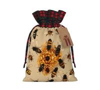 Honey Bees Christmas Drawstring Linen Gift Bag Paired With Scottish Plaid Fabric, With A Delicate And Simple Texture