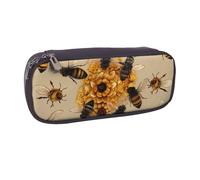 Honey Bees Printed Pu Leather Pencil Case Box Flip Pen Bag and Makeup Cosmetic Holder for Girls Boys School Students