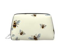 Honey Bees Printed Small Makeup Bag Portable Leather Make up Bag Travel Cosmetic Bags Organizer for Women, Silver Zipper
