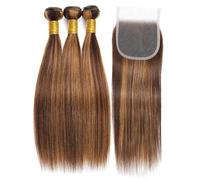Honey Blonde Highlight Human Hair, Bundles With Closure Straight Bundle with Lace, 4x4'' Brazilian Raw Hairs Weave Sew In Extensions(18 20 22 with 18)