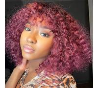 Honey Blonde Highlight Short Jerry Curly Bob Wigs With Bangs Human Hair Glueless Machine Made Wigs