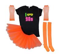 Honey B's I Love 90s Neon Tutu Set Socks 90's Ladies Fancy Dress T-Shirt Gloves (2XL, Orange)