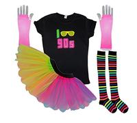 Honey B's I Love 90s Neon Tutu Set Socks 90's Ladies Fancy Dress T-Shirt Gloves (XL, Rainbow)