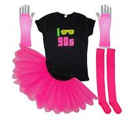 Honey B's I Love 90s Neon Tutu Set Socks 90's Ladies Fancy Dress T-Shirt Gloves (XS, Pink)