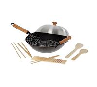 Honey Can Do Joyce Chen Professional Series 14-Inch 10-Piece Wok Set, Includes Carbon Steel Nonstick Wok Pan with Lid and Maple Handles, Tempura Rack, Utensils, and Recipe Book