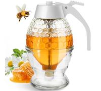 Honey Dispenser, 8oz Honey Dispenser No Drip Glass with Stand, Honey Container & Coffee Syrup Dispenser for Tea Time & Gifting, Elegant Honeycomb Honey Jar - Honey Pot Bottle for Maple Syrup Bee