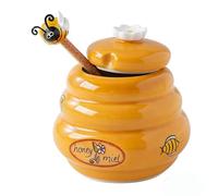Honey Dispenser | Airtight Ceramic With Lid And Spoon,Bee Honey Jar With Spoon - For Syrup Sauce Kitchen Pantry Office Dining Restaurant Pastry