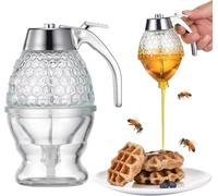 Honey Dispenser with Stainless Steel Top - No Drip Glass Syrup Dispenser - Premium, Durable and Beautiful Honey Pot - Honey Jar with Stand