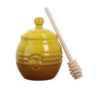Honey Jars - Honey Jars With Lids | Honey Pot and Drizzler | Ceramic Honey Jar With Retro Bee Decor | Wooden Stirring Stick and Sealing Cover | Small Honey Container for Home and Kitchen Storage