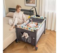 HONEY JOY Baby Bedside Sleeper, 6-in-1 Pack and Play w/Infant Bassinet, Diaper Changing Table & Portable Play Yard w/Zippered Door, 4 Adjustable Heights, Music Box & Side Storage Bag, Carry Bag(Gray)
