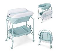 HONEY JOY Baby Changing Table with Bathtub, Foldable Infant Diaper Changing Station with Wheels, Storage Tray, Waterproof Pad, Portable Newborn Nursery Organizer Bath Stand for Boys Girls (Blue)