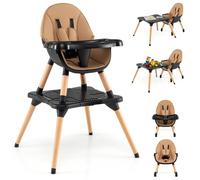HONEY JOY Baby High Chair, 5-in-1 Convertible Wooden Highchair for Babies and Toddlers/Table and Chair Set/Booster Seat with Safety Harness, 4-Position Removable Feeding Tray (Coffee)
