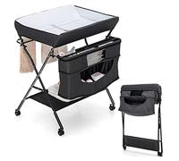 HONEY JOY Changing Table, Folding Mobile Nursery Organizer w/Wheels, Adjustable Height, Storage Bag & Open Shelf, Portable Diaper Changing Station for Newborn (Black, 31.5"x26"x40")