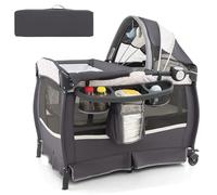 HONEY JOY Pack and Play, 4 in 1 Portable Baby Crib Playpen w/Bassinet, Changing Table, Canopy, Mattress, Music Box, Storage Bag, Foldable Pack and Play Nursery Center for Infant Boys Girls(Gray)