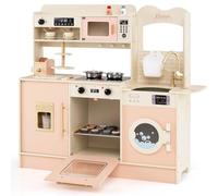 HONEY JOY Play Kitchen Wooden Toy Kitchen Set with Coffee Maker, 2-Slice Toaster, Microwave, Oven, Cake Stand, Ice Maker, Sink, Cookware, Set