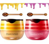 Honey Lip Balm with Stick UK Honey Bee Lip Balm Pot, Moisture Propolis Lip Mask for Dry Cracked Lips, Bee Wax Lip Scrub Exfoliator with Brush for Dark Lips (Propolis+Strawberry)