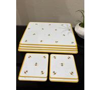 Honeybee 4 Placemats and 4 Coasters Set, 8 Piece Cork Backed Table Mats, Bee Print Yellow Kitchen Decor