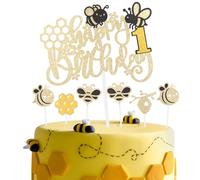Honeybee Birthday Cake Toppers, Girls Boys 1st Birthday Party Decorations,Glitter Happy 1st Birthday Cake Toppers, Cute Yellow Bee Cake Cupcake Toppers for Honey Bee Themed Party Decorations Supplies