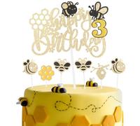 Honeybee Birthday Cake Toppers,Girls Boys 3rd Birthday Party Decorations,Glitter Happy 3rd Birthday Cake Toppers, Cute Yellow Bee Cake Cupcake Toppers for Honey Bee Themed Party Decorations Supplies