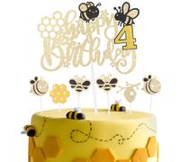 Honeybee Birthday Cake Toppers,Girls Boys 4th Birthday Party Decorations,Glitter Happy 4th Birthday Cake Toppers, Cute Yellow Bee Cake Cupcake Toppers for Honey Bee Themed Party Decorations Supplies
