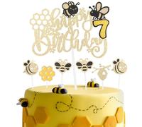 Honeybee Birthday Cake Toppers,Girls Boys 7th Birthday Party Decorations,Glitter Happy 7th Birthday Cake Toppers, Cute Yellow Bee Cake Cupcake Toppers for Honey Bee Themed Party Decorations Supplies