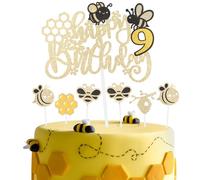 Honeybee Birthday Cake Toppers,Girls Boys 9th Birthday Party Decorations,Glitter Happy 9th Birthday Cake Toppers, Cute Yellow Bee Cake Cupcake Toppers for Honey Bee Themed Party Decorations Supplies