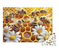 Honeybees on Honeycomb 1000 Piece Jigsaw Puzzles Bees Honeycomb Daisy Art for Adults Educational Games Beautiful Decoration Challenge High Difficulty Male And Female Birthday 52x38cm/1000pcs Gifts