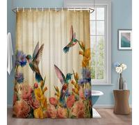 Honeybirds Peony Shower Curtain with 12 Hooks Country Watercolor Pink Yellow Flower Bird Leaf Waterproof Fabric Shower Curtains Sets for Bathroom Bath Decorations, Machine Washable, 36"x78"