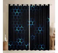 Honeycomb 30%-50% Blackout Curtains W52*L90 Modern Geometry Hexagon Theme Curtains for Bedroom Boys Girls Children Geometrical Darkening Drapes Beehive Blue Window Treatments