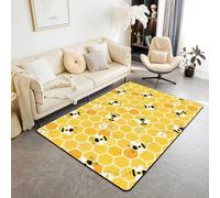 Honeycomb Area Rug 100x150cm,Bee Flowers Rug for Kids Child Girls,Flying Wildlife Carpet for Bedside,Hexagon Beehive Rustic Floral Simplistic Geometrical Washable Decorative Rug