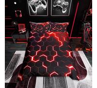 Honeycomb Bed Linen Set 135 x 200 cm, Red Black Geometric Duvet Cover, Neon Glitter Hexagon Geometry Comfort Cover for Children, Boys, Teen, Men, Soft Lightweight Quilt Cover, Bedroom, Dorm Decor