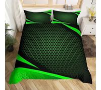 Honeycomb Bedding Set Black Green 3D Hexagon Geometric Duvet Cover for Boys Kids Teen,Geometrical Beehive Hexagonal Comforter Cover Double,Glow Neon Light Quilt Cover Simplistic Bedroom Decor