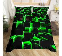 Honeycomb Bedding Sets Double, 3D Modern Abstract Square Grid Duvet Cover For Kids Girls Boys Green Neon Light Geometric Print Bed Set Bedroom Decor, 3 Pieces