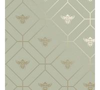 Honeycomb Bee Geometric Wallpaper Green - Gold Metallic - Holden 13080